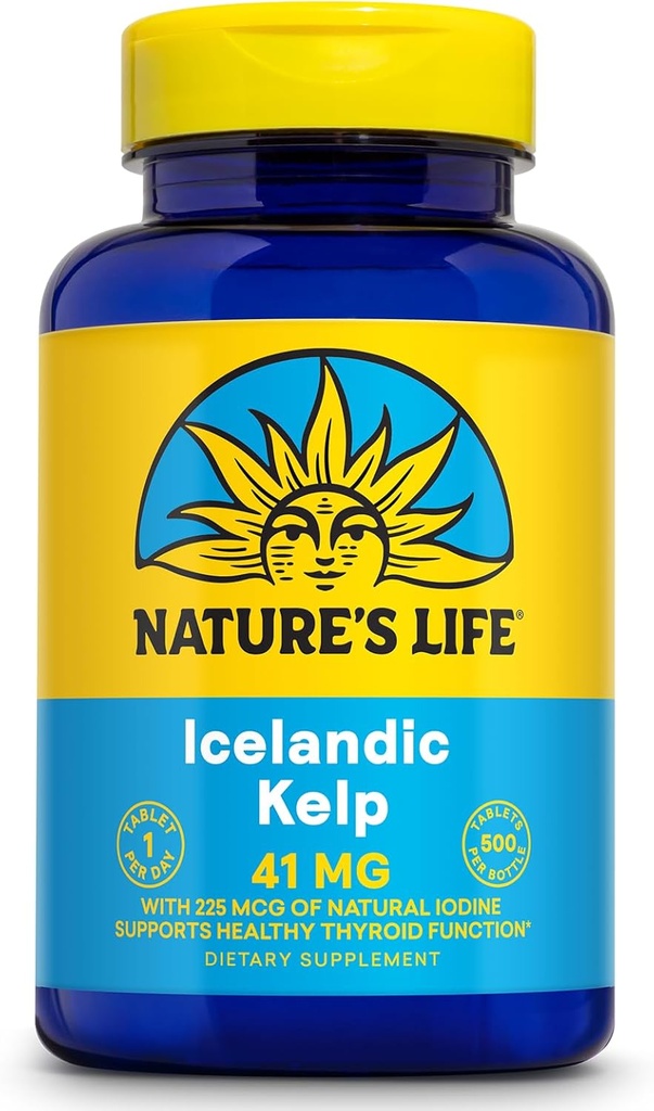 Nature's Life Icelandic Kelp 41 mg錠 - ヨウ素サプリメントと甲状腺サポート - グルテンフリー、非GMOグリーンスーパーフード - 60日間保証 - 500のサービング、500錠