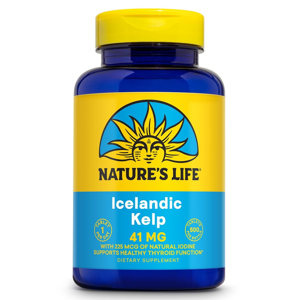 Nature's Life Icelandic Kelp 41 mg錠 - ヨウ素サプリメントと甲状腺サポート - グルテンフリー、非GMOグリーンスーパーフード - 60日間保証 - 500のサービング、500錠
