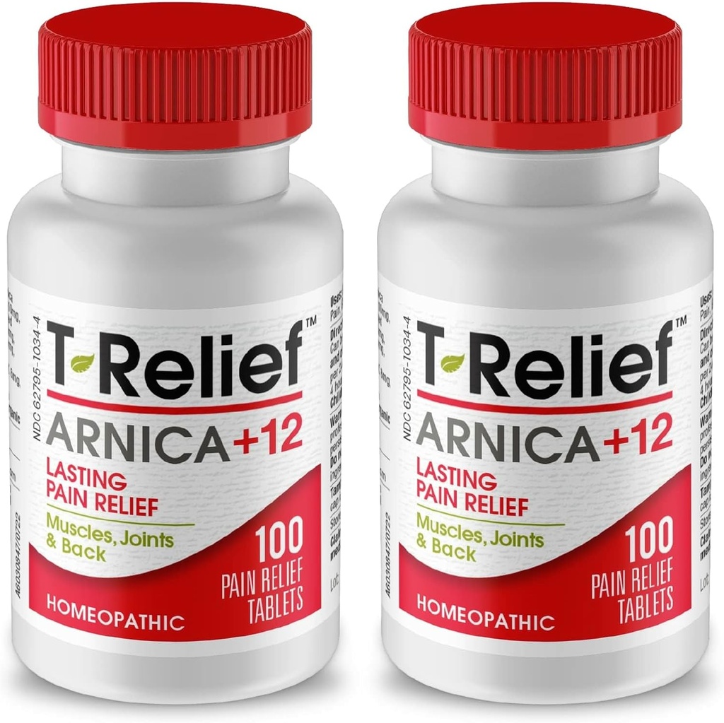 T-Relief Arnica +12 背中の痛みの関節痛筋肉の痛みと緊張、女性と男性のための全身の高速行動救済 - 100 錠(2 パック)