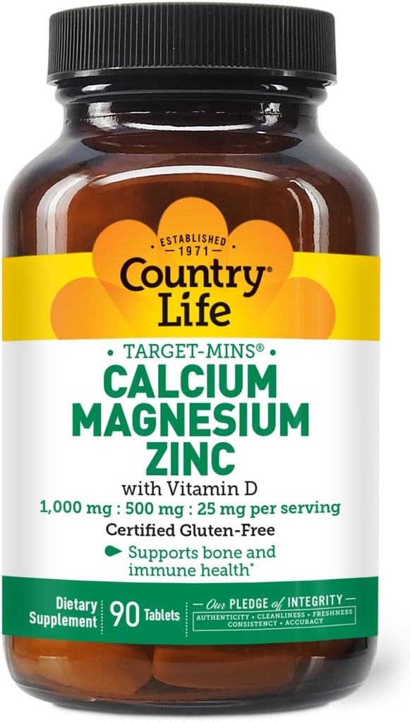 Country Life Calcium Magnesium Zinc with Vitamin D3 and L-Glutamic Acid, Dietary Supplement for Bone Support, Certified Gluten Free, 1000mg/500mg/25mg, 90 Tablets