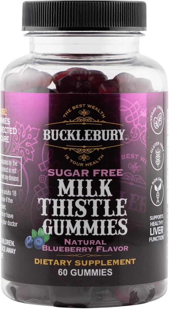 Bucklebury Sugar-Free Milk Thistle Gummies 1000mg with Natural Blueberry Flavor - Vegan, Gluten-Free, Non-GMO Natural Milk Thistle Supplement for Liver Health, Immunity & Antioxidant Support -60 Count