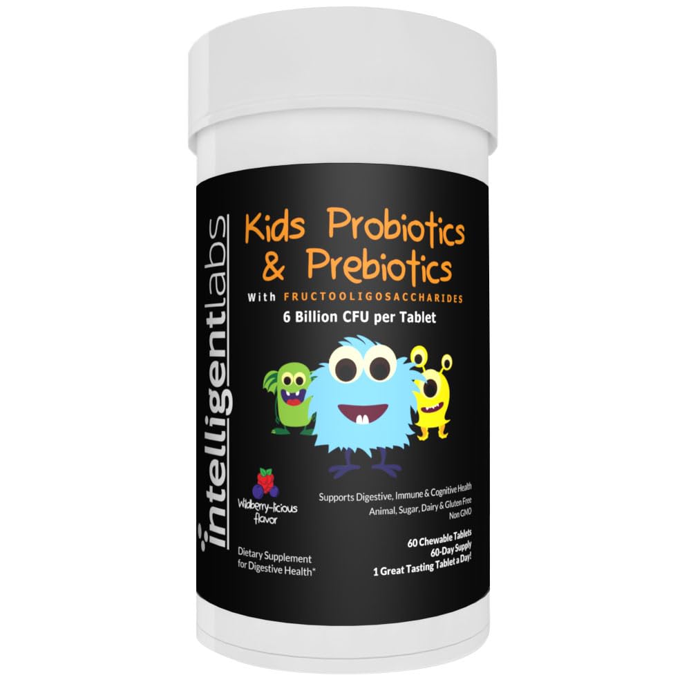 インテリジェントラボ 6 億 CFU キッズ/子どものプロバイオティクス Prebiotics, Sunfiber と FOS, 10x のより効果的, 1 日偉大な味Chewable Probiotics, 60 日の供給, サードパーティの検証
