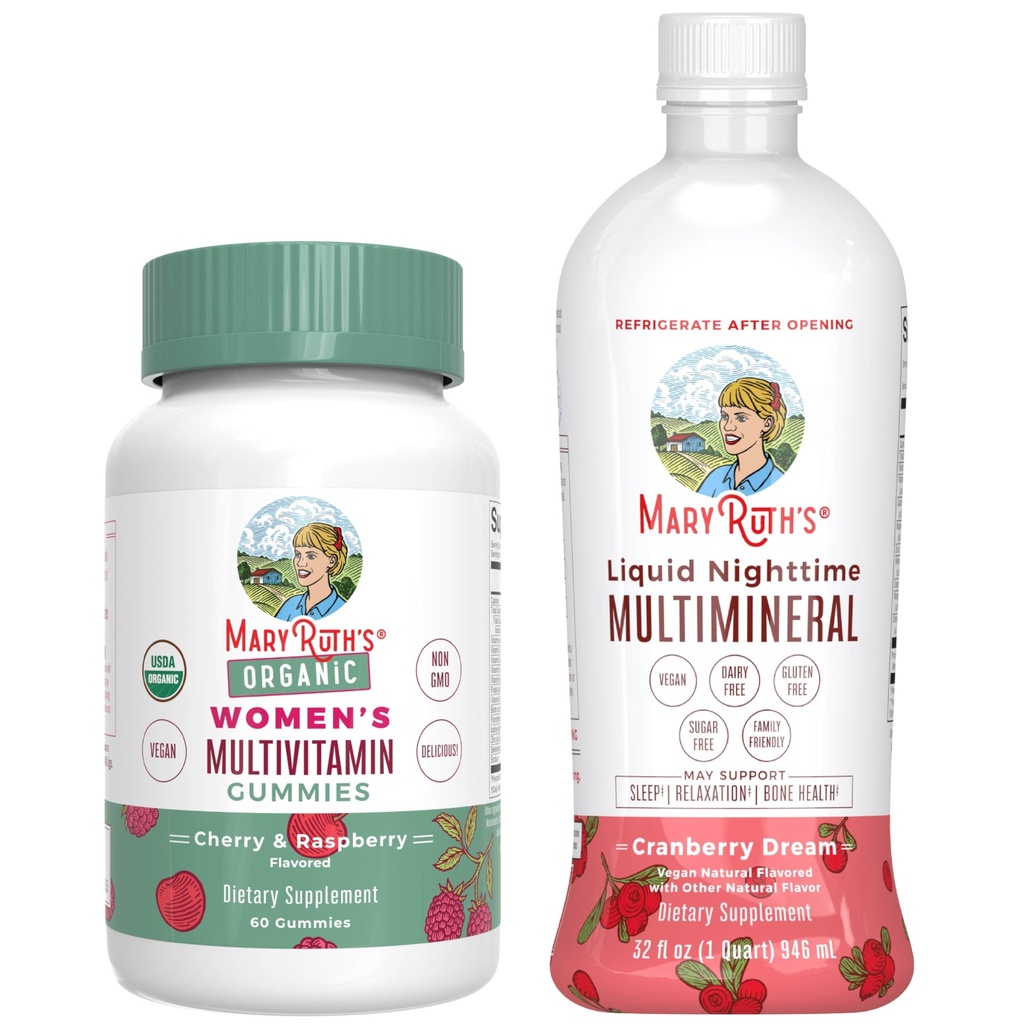 女性向けMaryRuth's Multivitamin Gummies(チェリー&ラズベリー)&Liquid Nighttime Multimineral(クランベリー) | クリーンラベルプロジェクト Verified® | ヴィーガン、非GMO | 美、就寝、健康