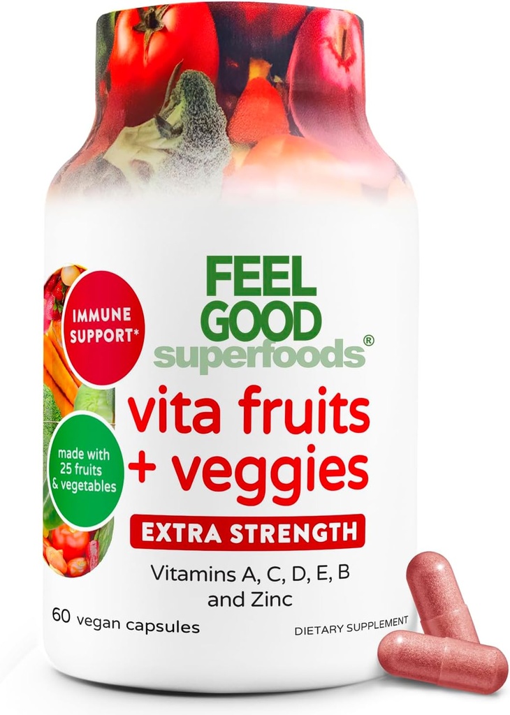 FeelGood Superfoods 1000mg Immune Support Capsules Made with 25 Organic Fruits and Vegetables, Strong Immunity Boosters with Vitamins A, C, D3, and Zinc, 60 Count