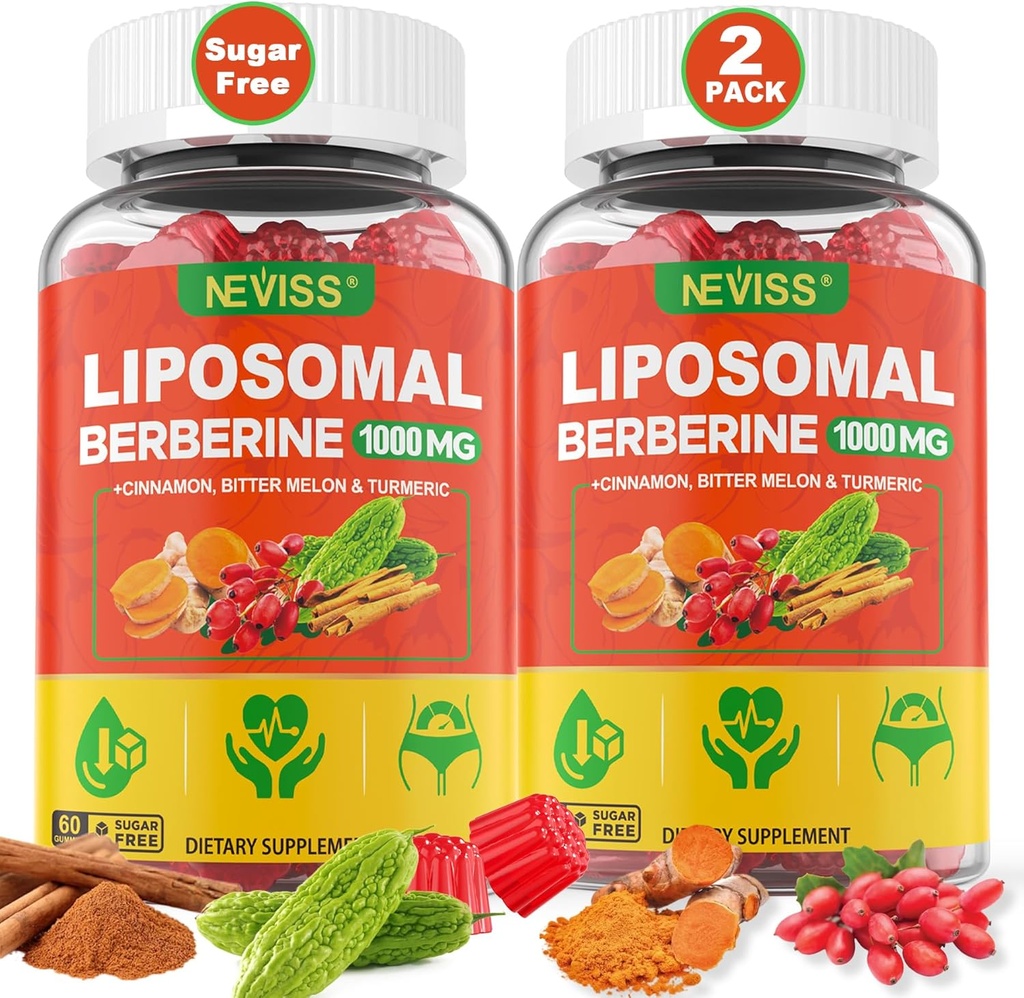 Liposomal Berberine Gummies Organic + Berberine HCL + Turmeric, Berberine Supplement with Ceylon Cinnamon, Bitter Melon, Fiber for Digestion, Artichoke for Liver, Overall Health, Sugar Free