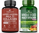 Wholesome Wellness Super-Absorb Multi Collagen Pills (Type I II III V X) Organic Herbs and Bioperine + Whole Food Multivitamin for Women - Natural Multi Vitamins, Minerals, Organic Extracts Bundle