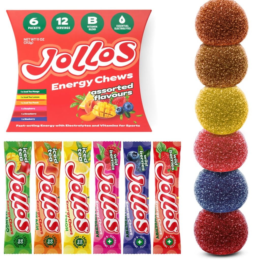 Energy Chews Assorted Flavors Variety Pack – Fast Acting Energy + Electrolytes + B Vitamins – Mixed Fruit & Iced Tea Flavors – Vegan, Gluten Free, No Artificial Flavors – 6 Count