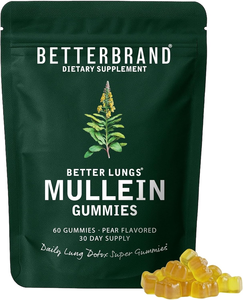 Betterbrand Mullein Gummies for Lungs – 1000mg Herbal Supplement for Lung Detox & Respiratory Support – Pear Flavor Chewable Breatheasy Gummy – 30 Day Supply