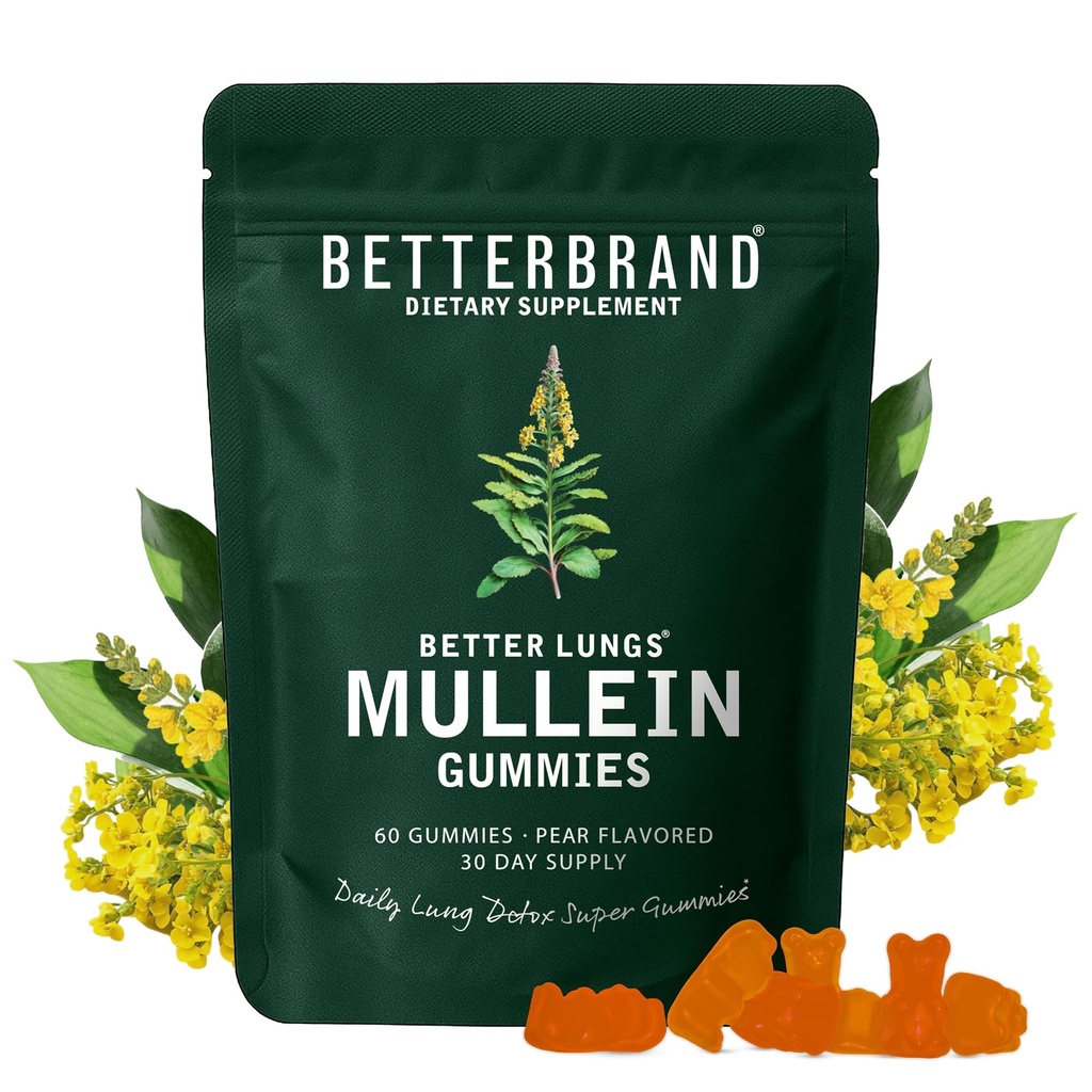 LungsのためのBetterbrand Mullein Gummies - 1000mgの肺デトックス&呼吸器サポートのためのハーブサプリメント - 梨の味の咀嚼可能なBreatheasy Gummy - 30日の供給