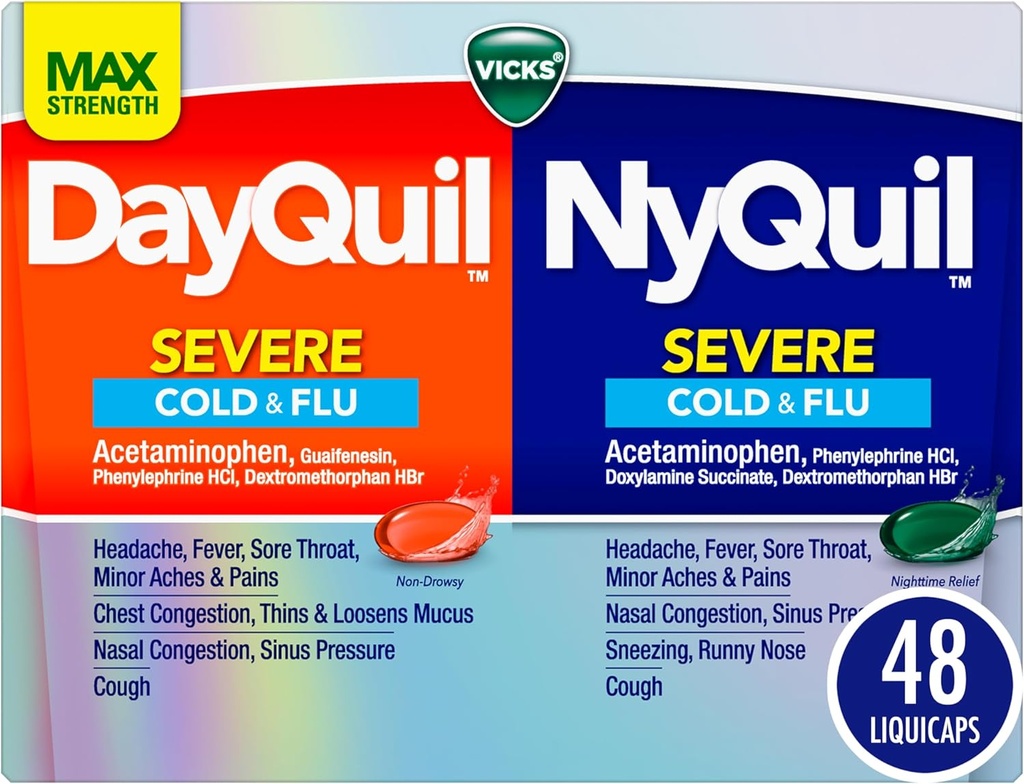 VICKS DayQuil & NyQuil Severe Co-Pack, Cold & Flu Medicine, 頭痛のための強力な救済, Fever, Sore Throat, Minor Aches & Pain, Congestion, Sinus Pressure, Stuffy Nose, Cough, 48 LiquiCaps