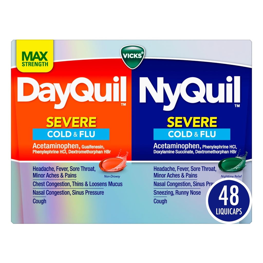 VICKS DayQuil & NyQuil Severe Co-Pack, Cold & Flu Medicine, 頭痛のための強力な救済, Fever, Sore Throat, Minor Aches & Pain, Congestion, Sinus Pressure, Stuffy Nose, Cough, 48 LiquiCaps