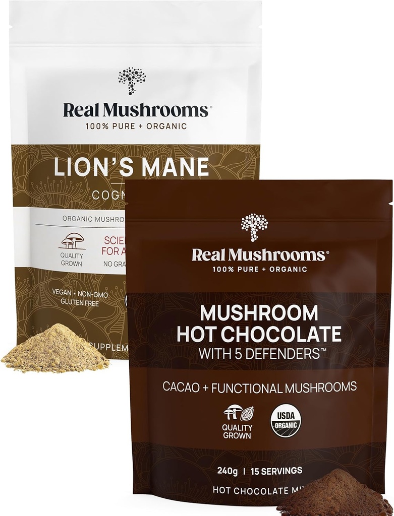 Real Mushrooms Hot Chocolate Mix (15 Servings) and Lion’s Mane (60 Servings) Powder Bundle - Mushroom Powder Supplement for Daily Immunity & Cognition Support - Gluten-Free, Non-GMO, Vegan