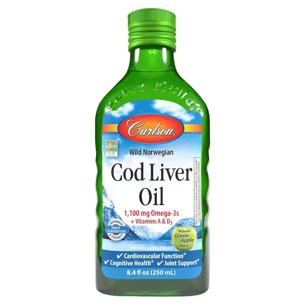 カールソン - タラ肝油、1100 mg Omega-3s、プラスビタミンAとD3、ワイルドキャッチ ノルウェーアークティックタラ肝油、持続的に供給された北欧魚油液、グリーンアップル、250 mL(8.4 Fl Oz)