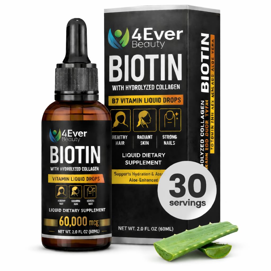 Liquid Biotin & Collagen Drops with Aloe Vera – Unique Formula 60,000 mcg - Vitamins for Hair Growth support, Strong Nails & Radiant Skin – Liquid Collagen Supplement for Women & Men – 2 fl oz