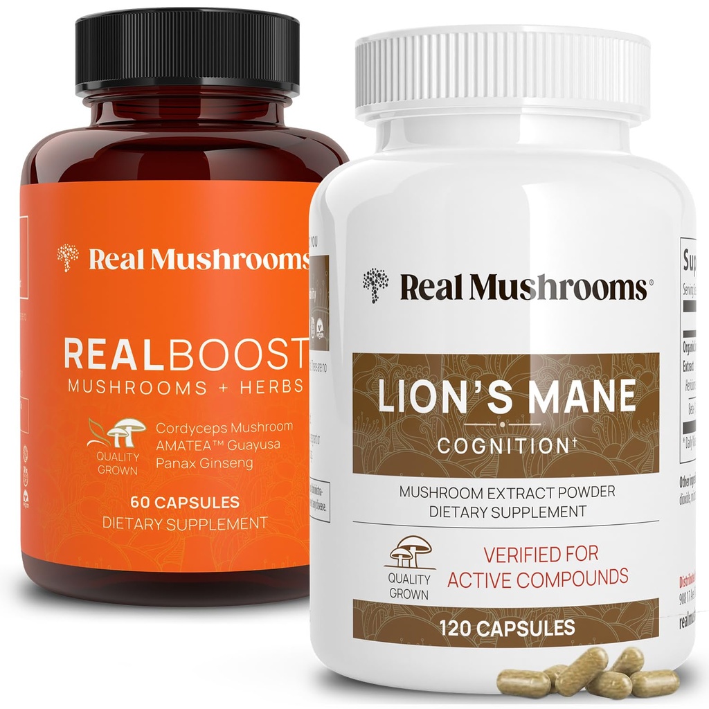 実質のきのこ RealBoost (60ct) とライオンズマネ (120ct) カプセルの束 - エネルギーのためのキノコのサプリメント, 活力 & 認知 - エネルギー & 脳のビタミン w/Cordyceps, Ginseng, Guayusa - ビーガン, 非GMO