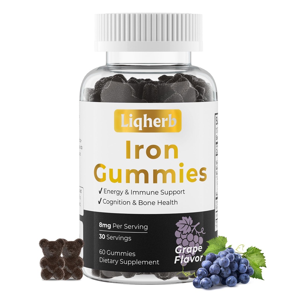 Iron Gummies for Women & Men, with VIT C & Boron, 8mg Advanced Absorption Iron Glycinate, Gentle on Stomach, Supports Energy, Immunity, Cognition & Bone Health, Grape Flavor, 60