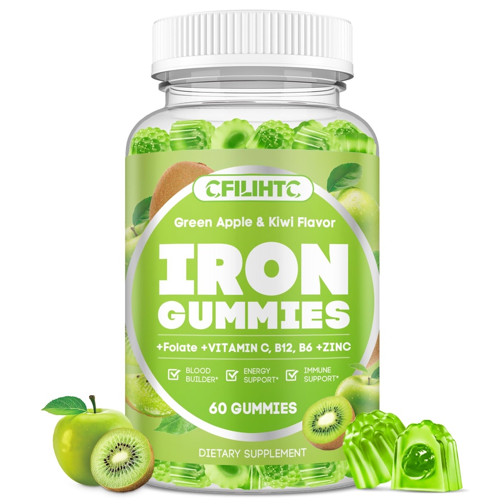 Center-Filled Iron Gummies for Adults & Kids - Iron Supplement with Vitamin B6, B12, C, Zinc, Folate - Support Women Iron Deficiency, Anemia, Blood Builder - Sugar Free Vegan 60ct Apple & Kiwi Flavor