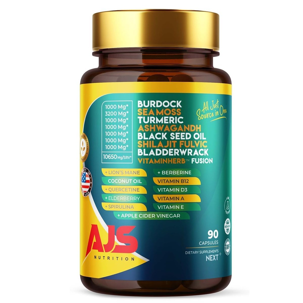 AJS海苔カプセル3200mg、ヒマラヤシラジット1000mg、ブラックシードオイル、アシュワガンダ、ターメリック、ブラッドダーラック、バードック、ビタミン、バーベリン、ライオンのマネキノコ、エルダーベリー- 90キャップ