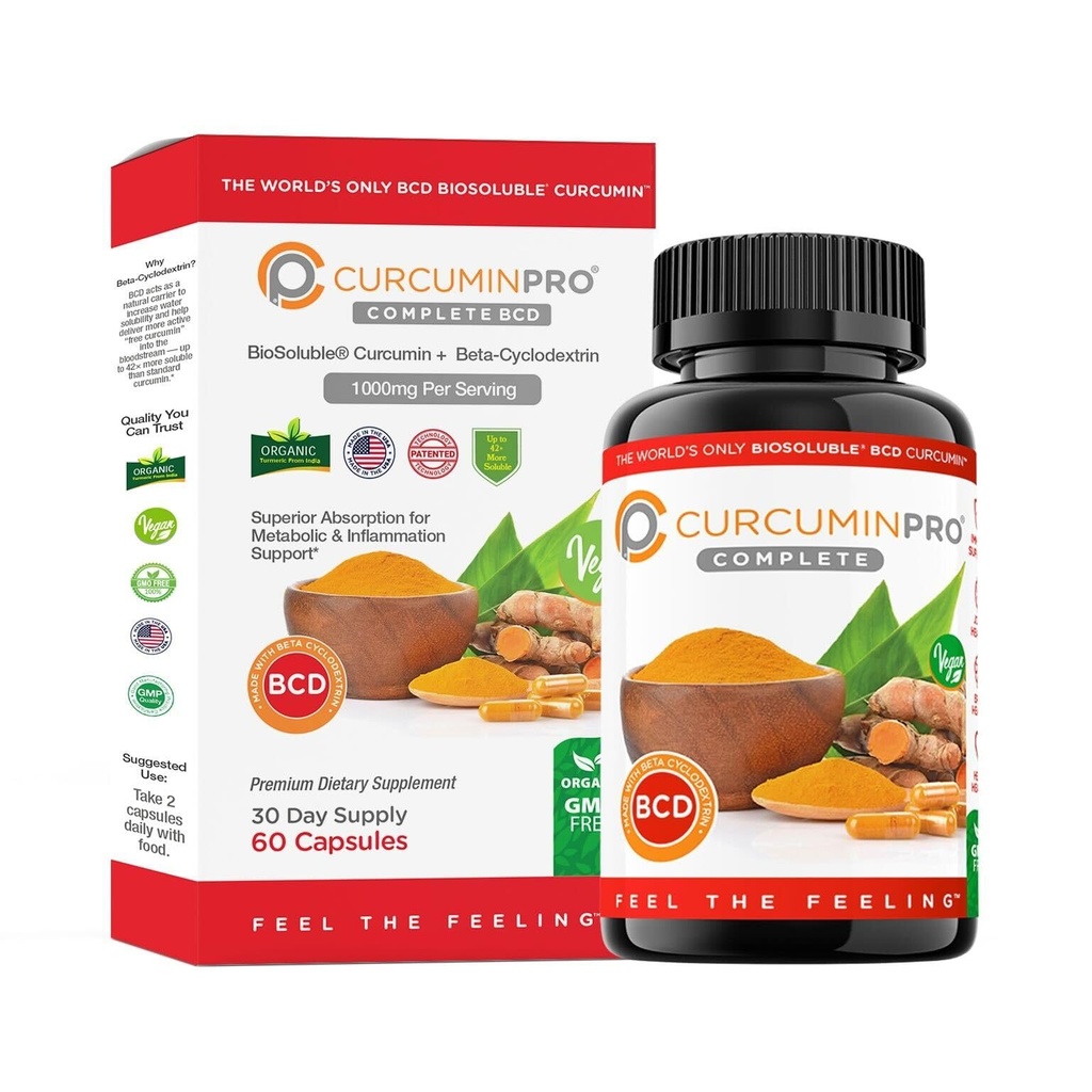 クルクミンプロ・コンプリートBCD | 世界唯一の生体溶性ビーガンβ Cyclodextrin & Organic Turmeric Curcumin | ナチュラルジョイント&マッスルサポート | ヴィーガン | 60カウント