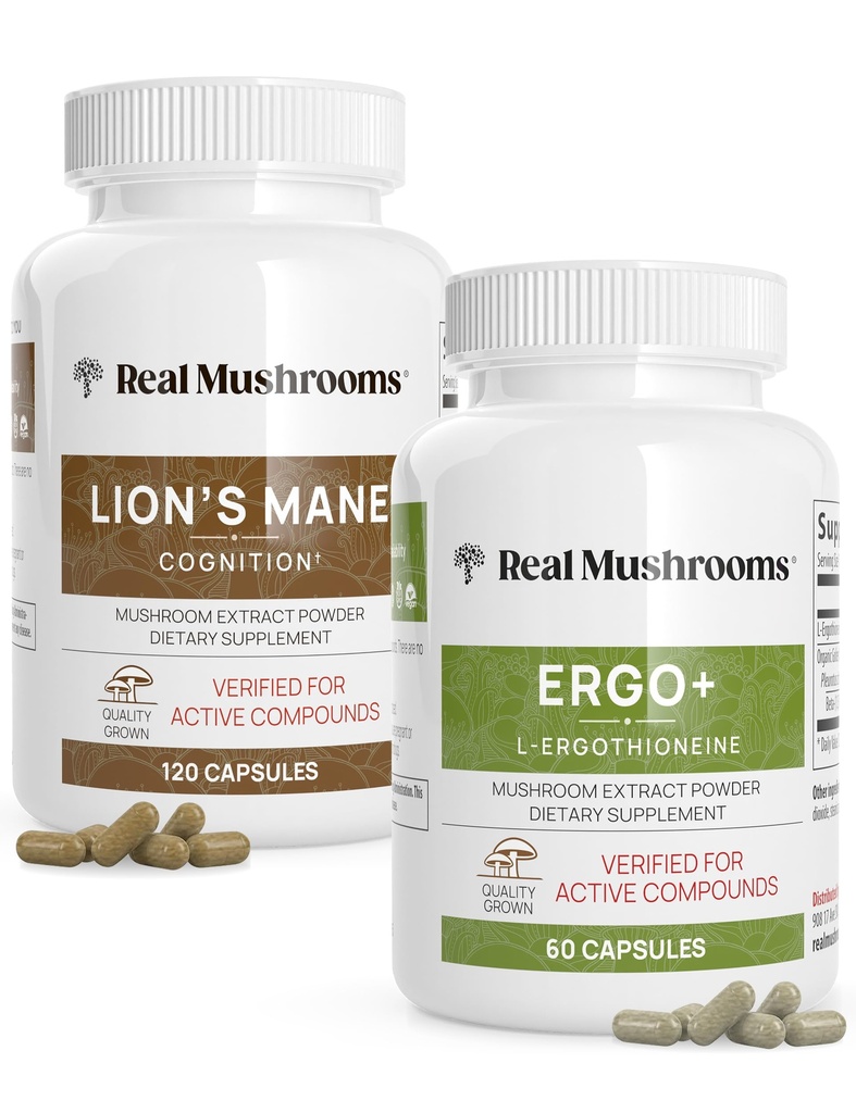 Ergothioneine(60ct)とライオンズマネ(120ct)は、シイタケとオイスターマッシュルームエキス - 長寿と認知 - ビーガン、グルテンフリー、非GMO