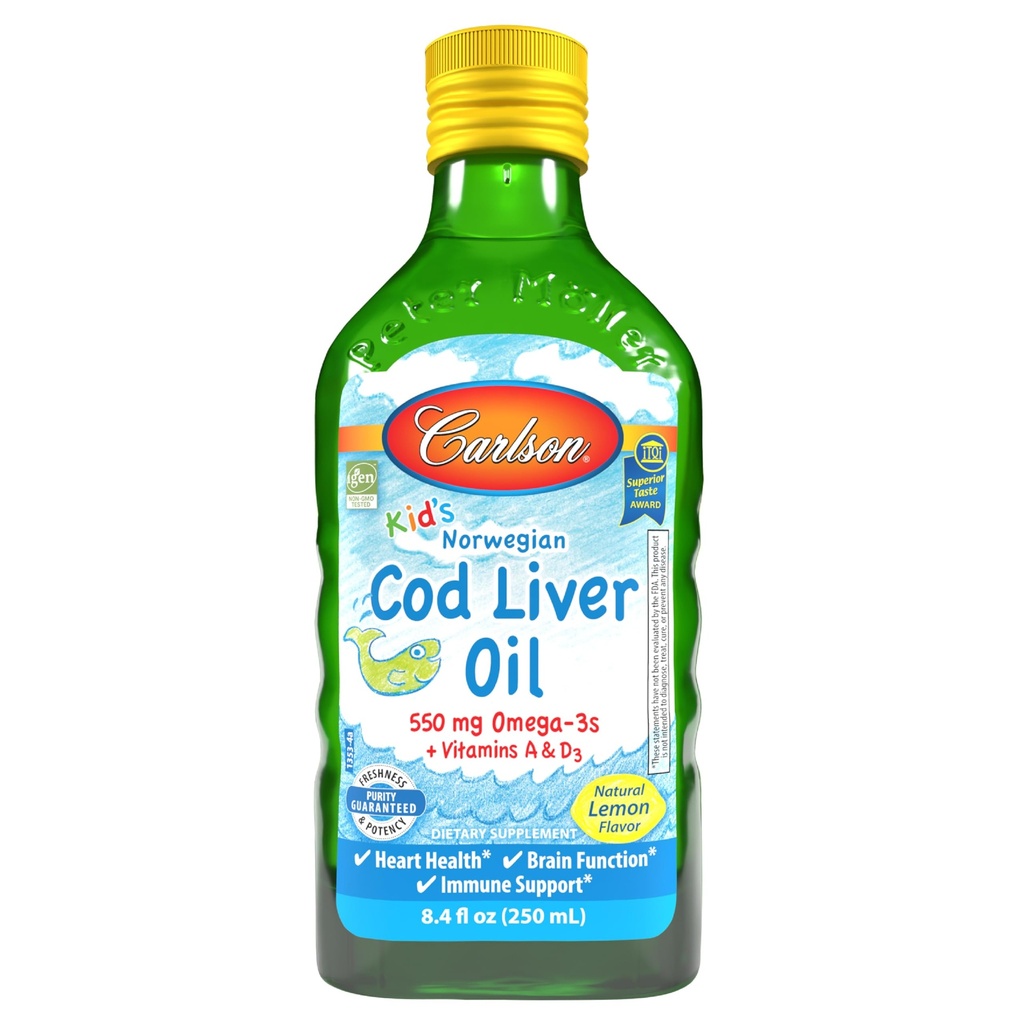 Carlson - Kid's Cod Liver Oil、550 mg Omega-3s、ビタミンA&D3、ワイルドノルウェー、レモン、250 mL