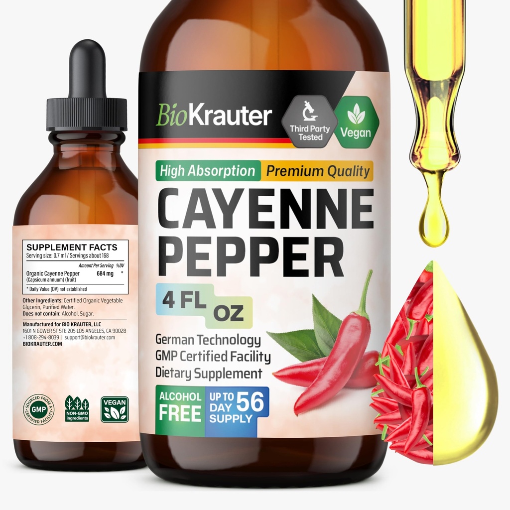 BIO KRAUTER カイエンペッパーエキス液 - 純粋なカプサイシンエキス - 消化器サポートのための液体カイエンペッパードロップ - 砂糖&アルコール無料4 Fl.Oz.