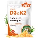 VEVのCorefeelのビタミンD3 K2、5000 IU D3 100mcg K2 (MK 7)、300のSoftgelsのココナッツ オイルとの2 1のビタミンD及びKの補足、サポート カルシウム吸収および骨の健康、Swallowへの容易な