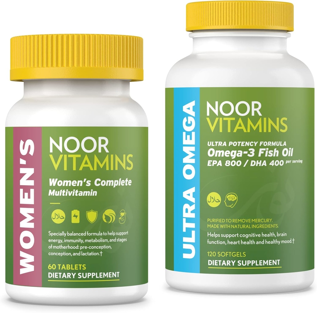 Noor Vitamins Women's Multivitamin and Omega Fish Oil Supplement Bundle