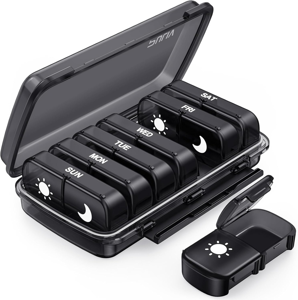 PULIV週刊ピルオーガナイザー7日2回、黒いDamp-Proof AM PM Pill Box 7日、ポータブルデザイン、ビタミン、薬効、魚油、サプリメントのための大型薬オーガナイザーとピルケース