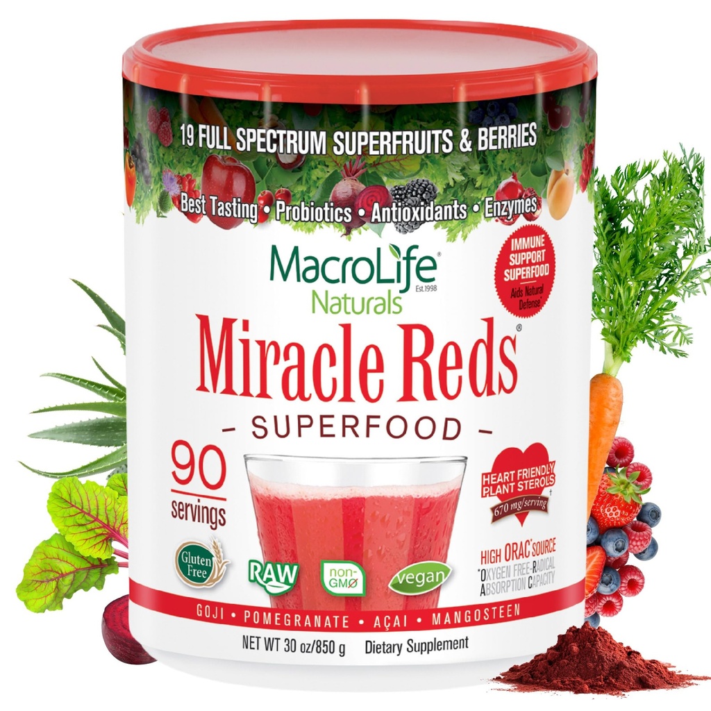 MacroLifeナチュラルミラクルレッドスーパーフードサプリメントパウダー抗酸化物質ポリフェノール酵素プロバイオティクス - 未加工非GMOオーガニックビーガングルテンフリー&乳製品無料 - 30oz(90のサービング) 30oz