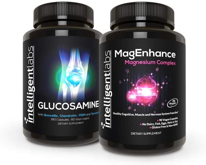Intelligent Labs 2-in-1 Bundle of MagEnhance Triple Magnesium Complex (Magnesium Threonate Supplement with Mg Taurate and Mg Glycinate) + Glucosamine and Chondroitin Joint Care Complex with MSM