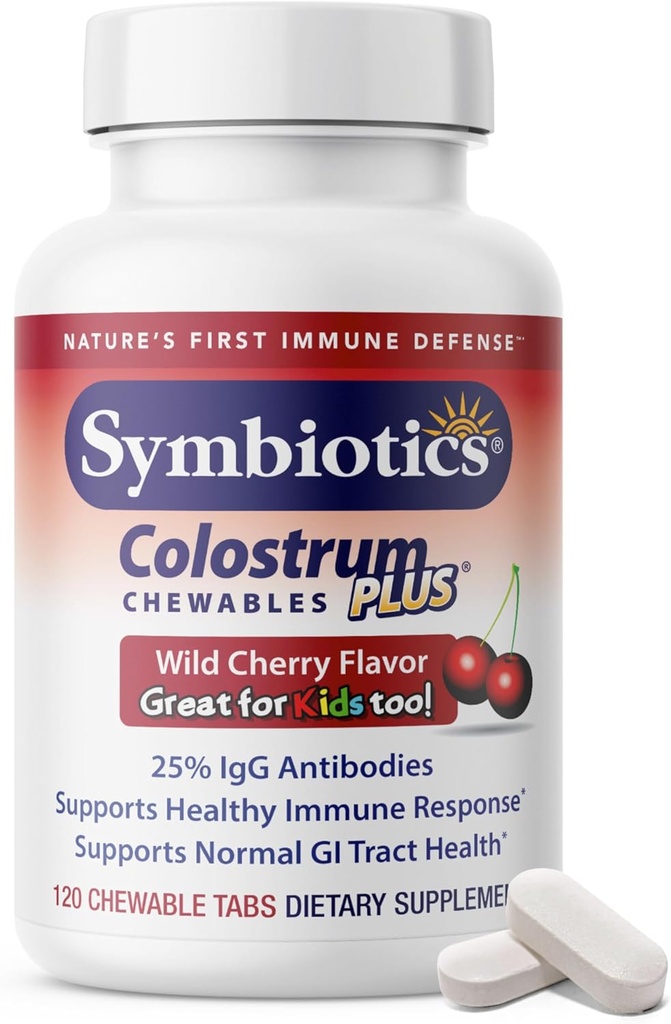 Symbiotics Colostrum 120ct Chewables Plus - 大人と子供のための免疫サポート - Lactoferrinサプリメント&Colostrumプロテイン - ダイジェクションとガットをサポート - 25% lgG抗体、グルテンフリー - ワイルドチェリー