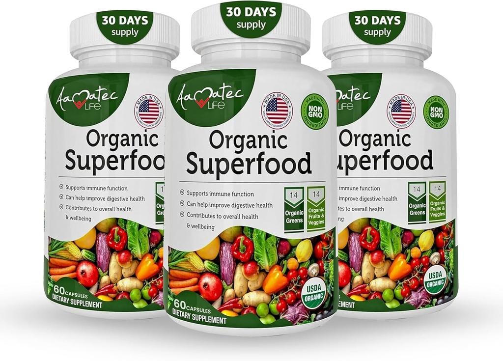 Organic Superfood Greens Fruits and Veggies Complex - Best Dietary Supplement with 14 Greens &14 Fruits & Vegetables with Alfalfa Rich in Antioxidants Organic Ingredients Non-GMO (180 Count Pack of 3)