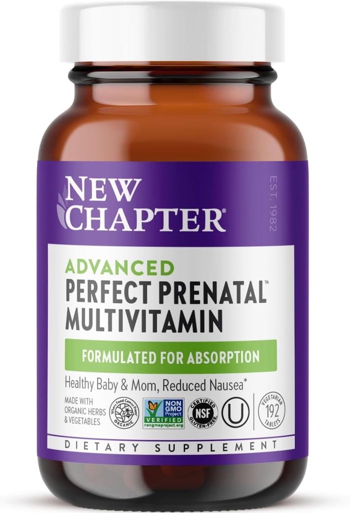 New Chapter Advanced Perfect Prenatal Vitamins, 192ct, Made with Organic, Non-GMO Ingredients for Healthy Baby & Mom - Folate (Methylfolate), Whole-Food Fermented Iron, Vitamin D3 + Ginger