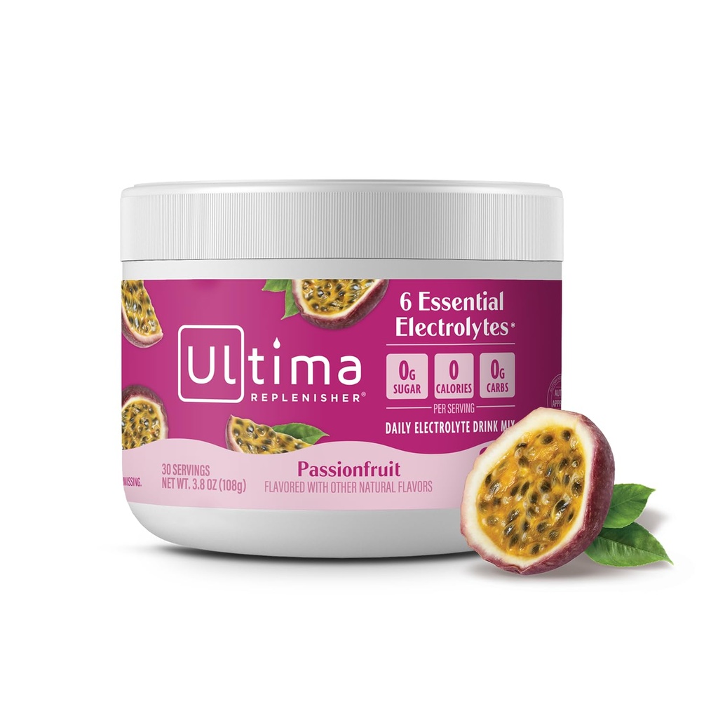 Ultima Replenisher毎日電解パウダードリンクミックス - 砂糖無料 - パッションフルーツ、30サービング - 6キー電解液とトレースミネラルの水和パウダー - Ketoフレンドリー、非GMO