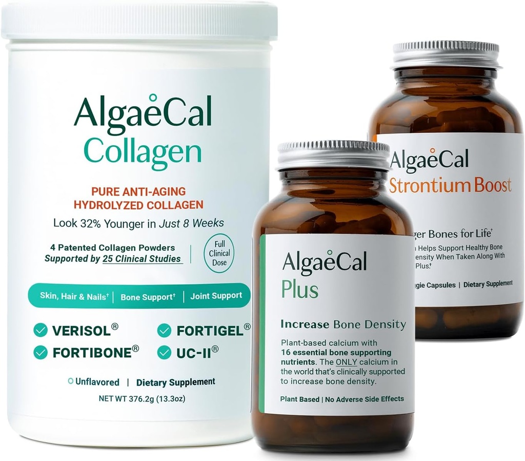 ALGAECAL Bone Builder & Collagen Bundle - Verisol、Fortibone、Fortigel + Plant-Based Calcium、Strontium、D3、K2、マグネシウム&16 Nutrients with Beauty & Bone Healthの臨床的にサポートされたCollegen