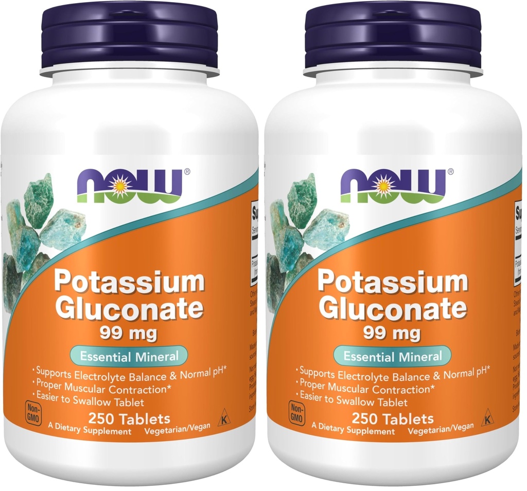 NOW Foods Supplements, Potassium Gluconate 99mg, Easier to Swallow, Essential Mineral*, 250 Tablets, (Pack of 2)