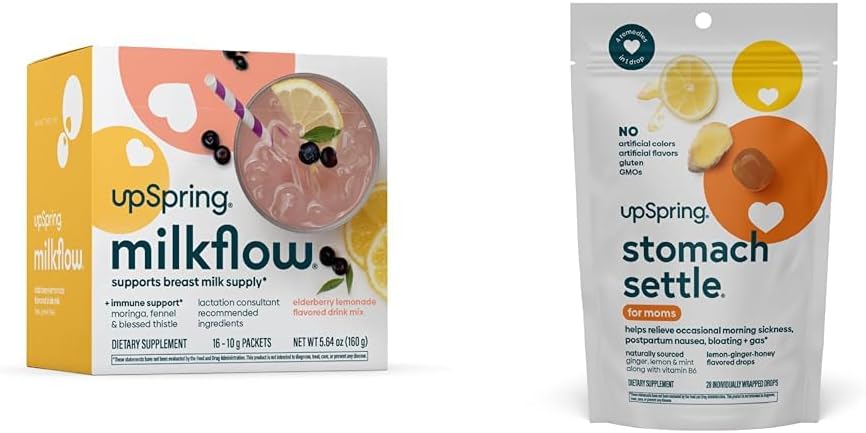 UpSpring Stomach Settle Drops, Honey Flavour, 28 Ct+Milkflow Breastfeeding Supplement Drink Mix with Moringa & Blessed Thistle, No Fenugreek |Elderberry Lemonade Flavor|16 ドリンクミックス