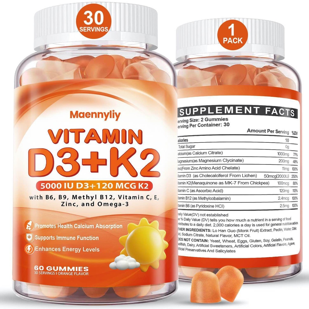 大人のためのビタミンD3 K2のグミ -ビタミンD3 5000IU + K2 (MK-7) 120mcg - Omega-3、メチルB12、B9、B6、ビタミンE及び亜鉛-カルシウム吸収及び免疫の健康のための砂糖なしD3およびK2の補足