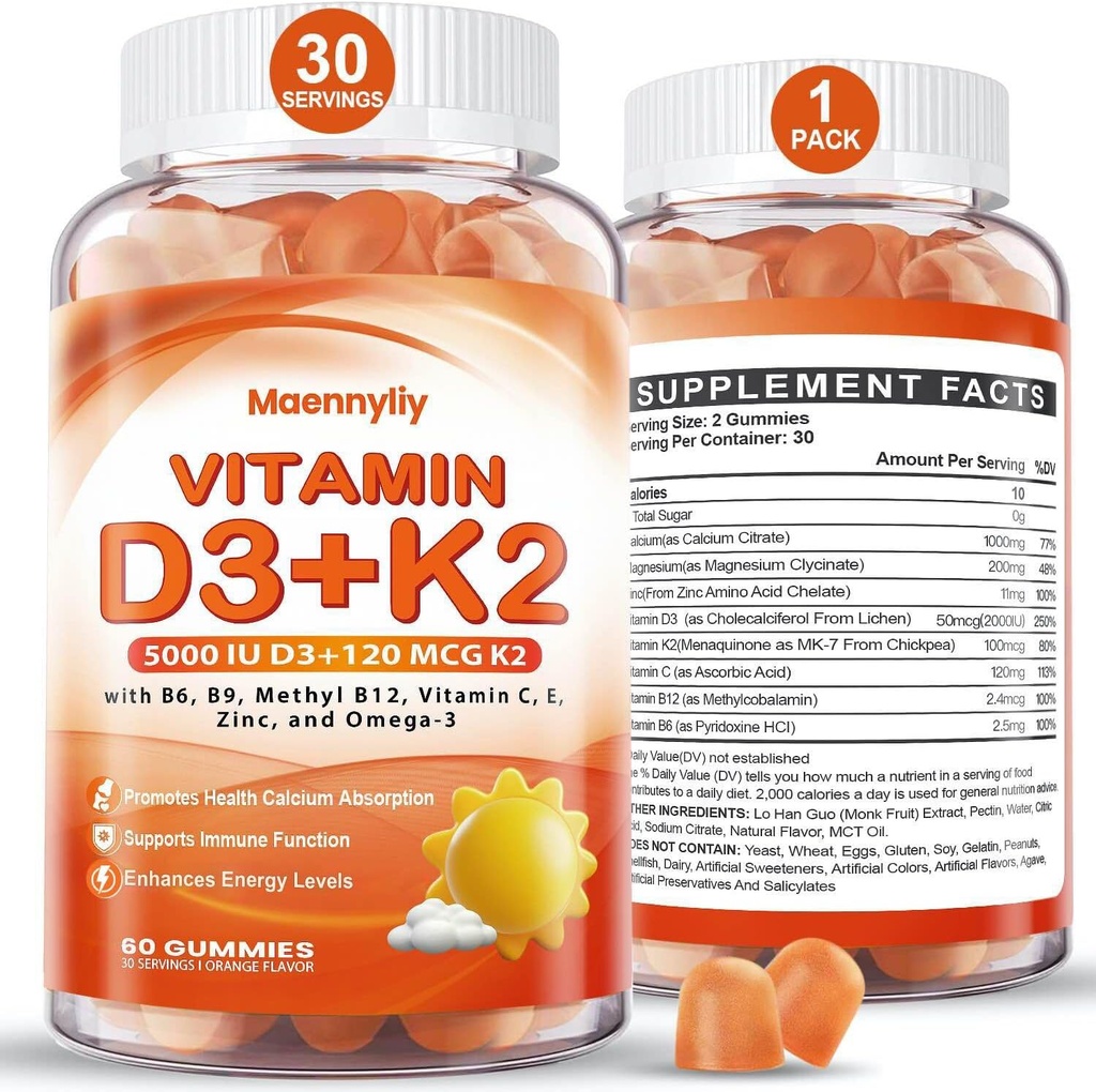 大人のためのビタミンD3 K2のグミ -ビタミンD3 5000IU + K2 (MK-7) 120mcg - Omega-3、メチルB12、B9、B6、ビタミンE及び亜鉛-カルシウム吸収及び免疫の健康のための砂糖なしD3およびK2の補足