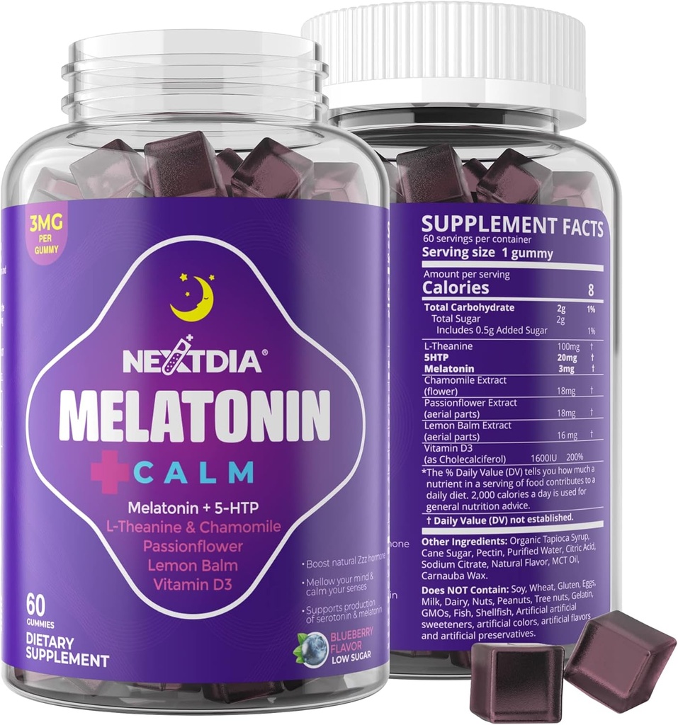 Melatoninグミー3mg 5mg 1mg - 5HTP、L-テアニン、レモンバーム、カモミール、パッションフラワー、免疫サポートのためのビタミンD3 - 低砂糖、ゼラチン無料、ビーガン - 60カウント
