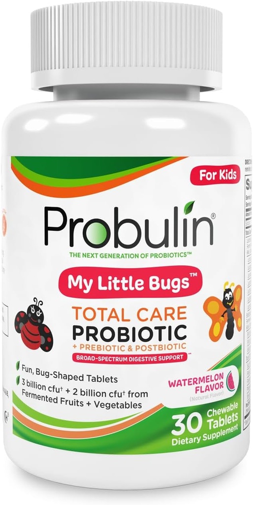 Probulin Total Care Kids Probiotic Chewableタブレット、My Little Bugs Prebiotics、Probiotics、Postbiotics Chewサプリメント、5 Billion CFU、15 Strains、30 Count Bottle
