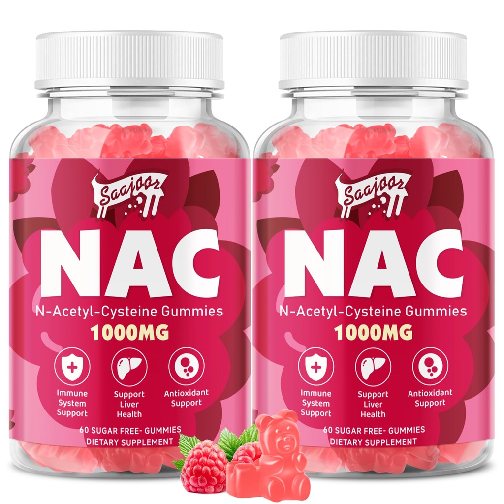 2 Pack NAC Gummies Sugar-Free, N-Acetyl Cysteine NAC Supplement 1000mg for Antioxidants, Immune Support, Non-GMO, Gluten-Free, Vegan – Raspberry Flavor, 120 Gummies