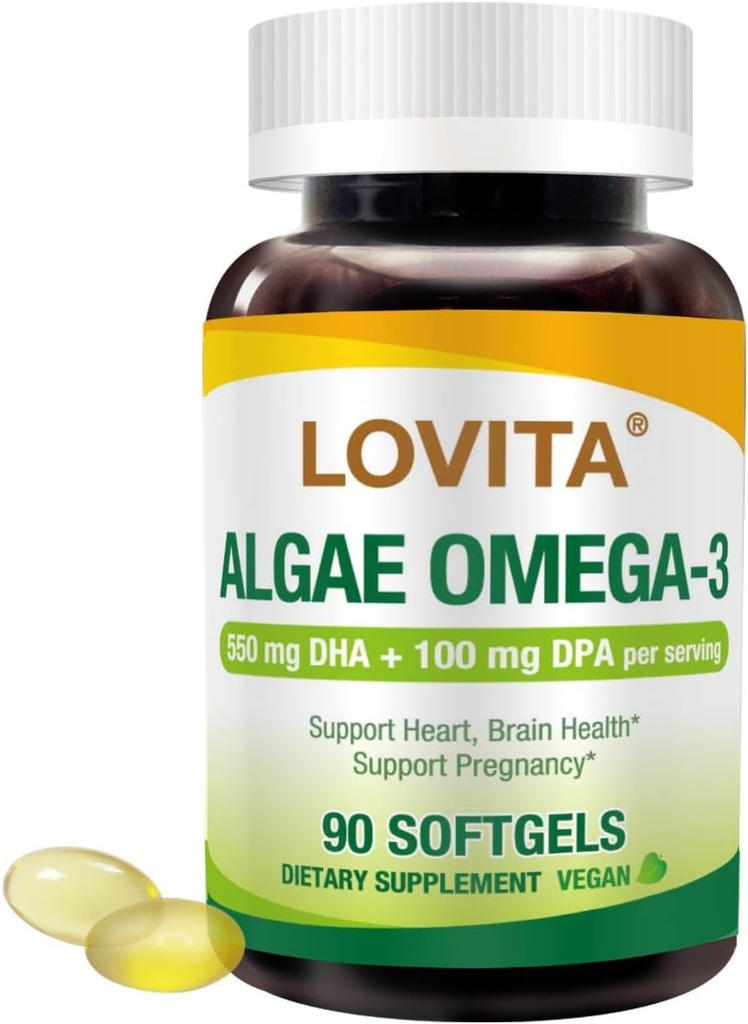 Lovita Algae Omega-3, ビーガンと植物ベースのDHA&DPA, 魚油代替, 1000mg Algae油, サポートハートと脳の健康, カラギーなし, 90 Softgels