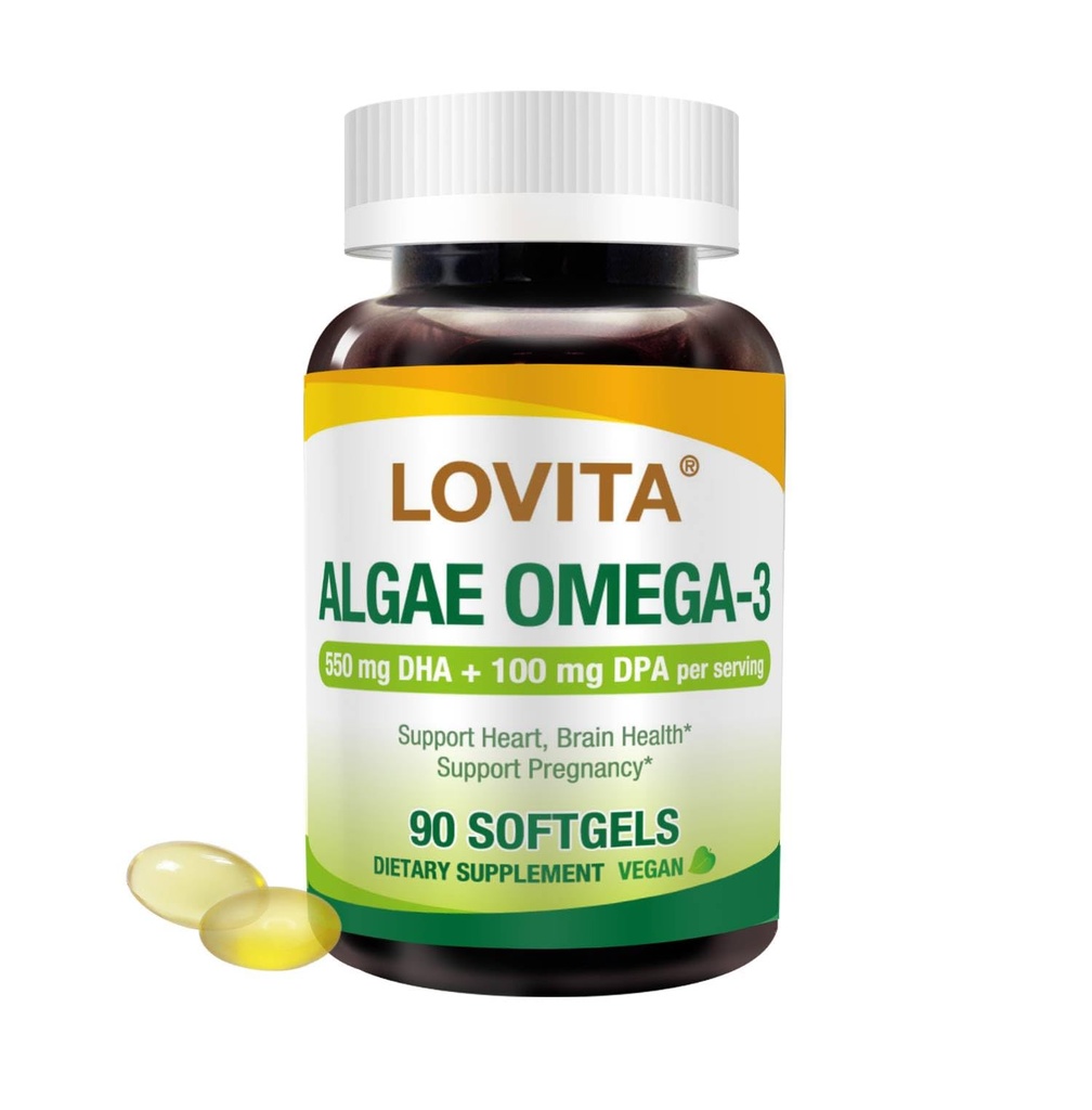 Lovita Algae Omega-3, ビーガンと植物ベースのDHA&DPA, 魚油代替, 1000mg Algae油, サポートハートと脳の健康, カラギーなし, 90 Softgels