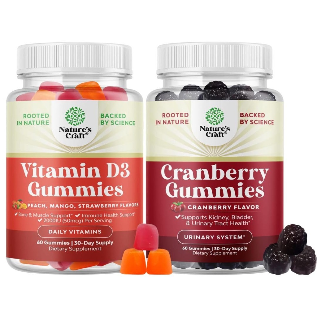 Bundle of Vitamin D3 Gummies for Daily Wellness & Bone Muscle & Immune Support and Natural Cranberry Gummies for Women and Men - for Urinary Tract Health Kidney Support Bladder & Immune Health