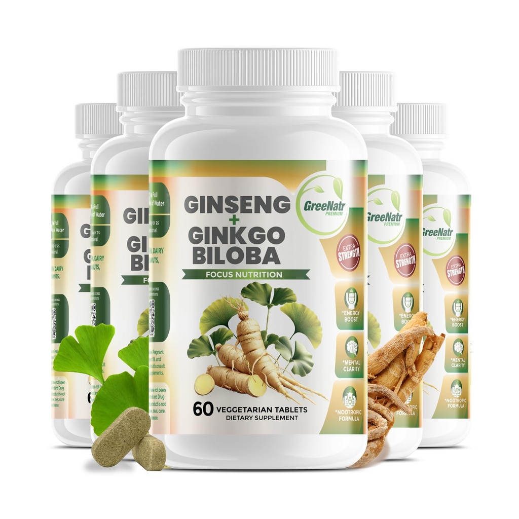 GreeNatr Ginko Biloba&Panax Ginsengサプリメント - 記憶と焦点のための赤いGinseng - Ginkgo Biloba、免疫システム、および改善された血流(360錠:6本)