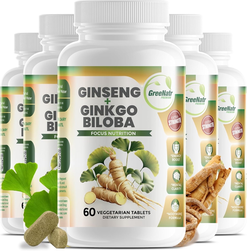 GreeNatr Ginko Biloba&Panax Ginsengサプリメント - 記憶と焦点のための赤いGinseng - Ginkgo Biloba、免疫システム、および改善された血流(360錠:6本)