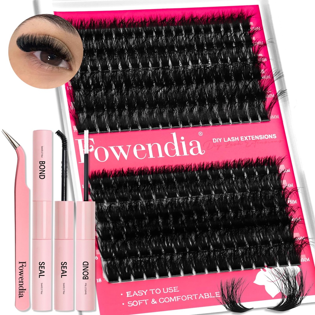 Fowendia Lash Clusters Kit Fluff 80D 100D Individual Lashes D Curly Cluster Eyelash Extensions 10-18mm DIY Lash Extension Kit Lash Bond and Seal Waterproof, Lash Applicator, Thick False Eyelashes Kit
