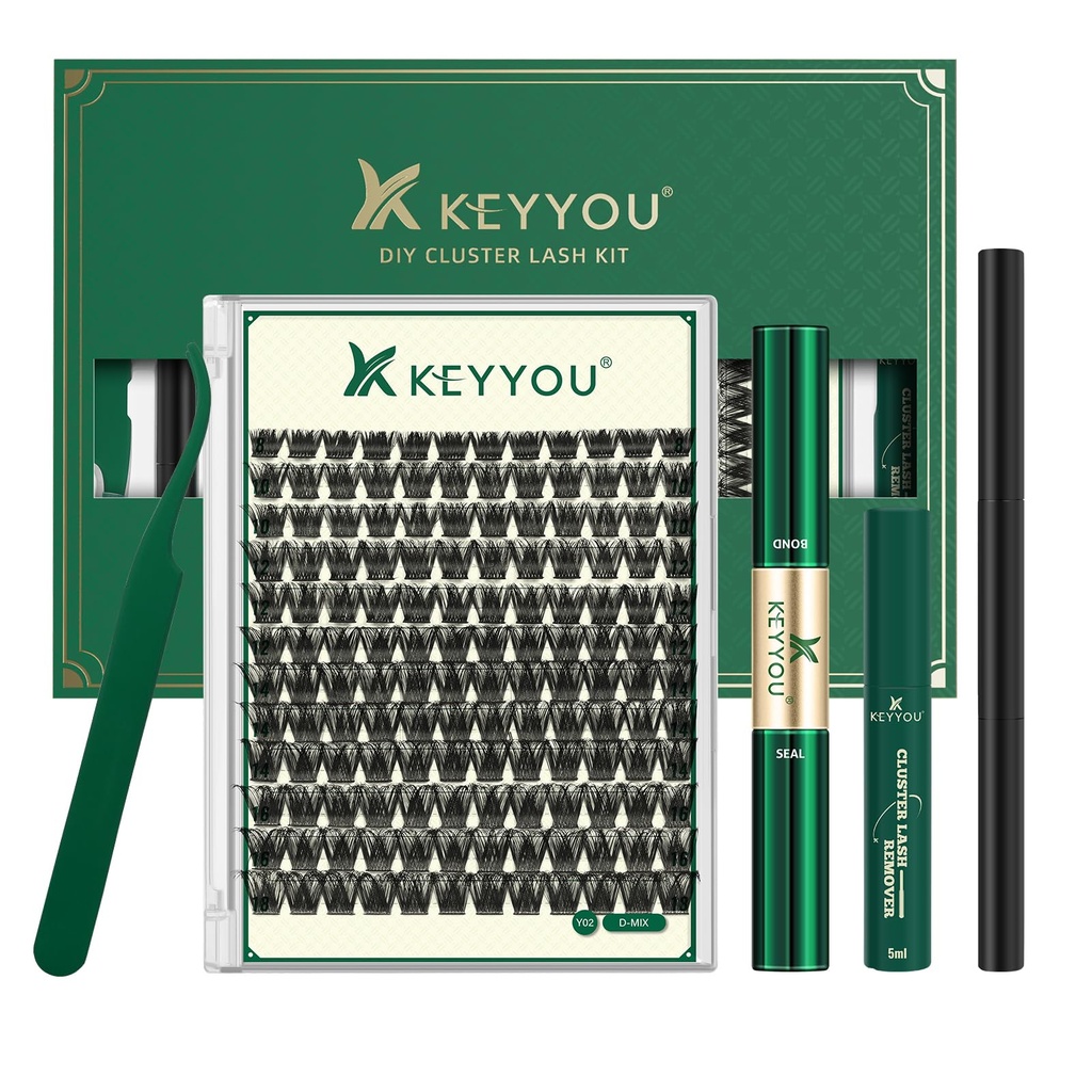 KEYYOU Lash Clusters Kit 144pcs Thick Volume D Curl Eyelash Clusters Lash Extension Kit with Mascara Brush Bond and Seal Glue Remover Applicators and Brush for DIY Lash Extensions (Y02)